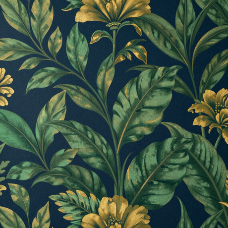 Motivo botanico a foglie verde scuro e oro su sfondo blu navy