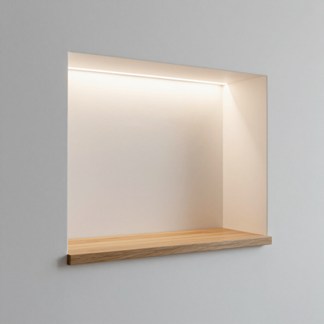 Nicchia minimalista a muro bianca con illuminazione a incasso calda e mensola in legno.