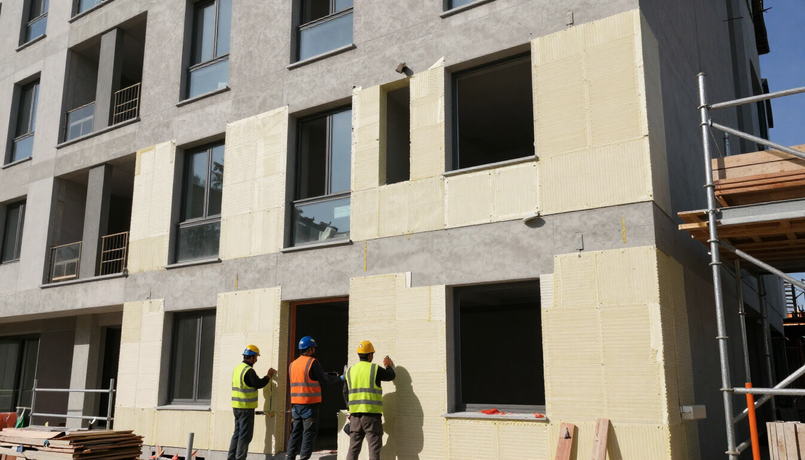 Operai edili con elmetti di sicurezza in un edificio a più piani in costruzione