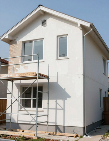 Casa bianca a due piani con impalcature e lavori esterni incompiuti sotto un cielo limpido