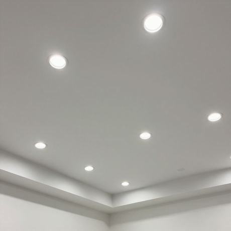 Faretti a incasso bianchi nel soffitto di un angolo di una stanza moderna