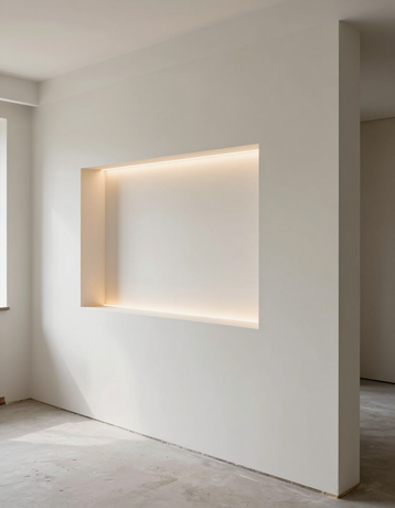 Parete interna minimalista bianca con nicchia illuminata incassata.