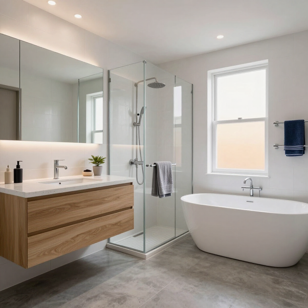 Bagno moderno con mobile lavabo in legno, doccia in vetro, vasca freestanding e ampio specchio.