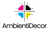 Logo AmbientiDecor con quattro quadranti colorati: magenta, nero, blu e giallo.