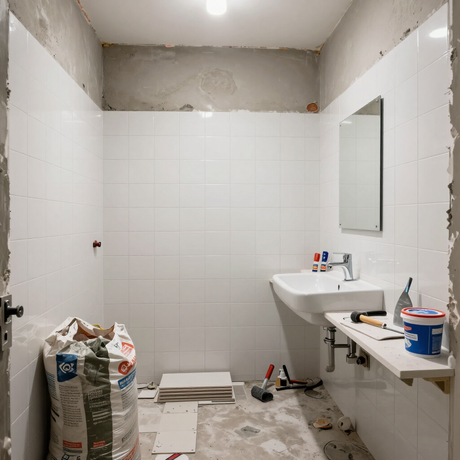 Bagno parzialmente ristrutturato con pareti rivestite in piastrelle bianche, lavabo, specchio e materiali edili sul pavimento.