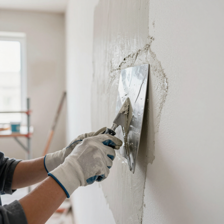Un operaio, indossando guanti, liscia l'intonaco fresco su una parete in una stanza luminosa.