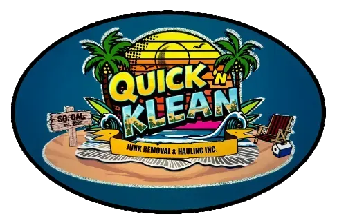 Logo for "Quick 'n Klean" junk removal, tropical beach scene with text.