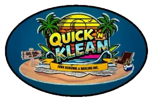 Logo for "Quick 'n Klean" junk removal, tropical beach scene with text.