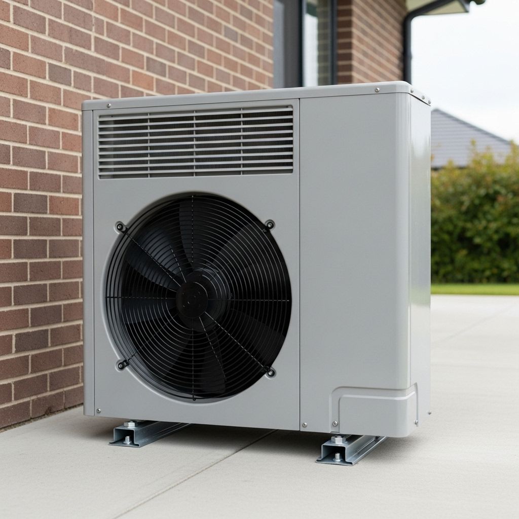 Gray heat pump unit next to brick wall, outdoors.