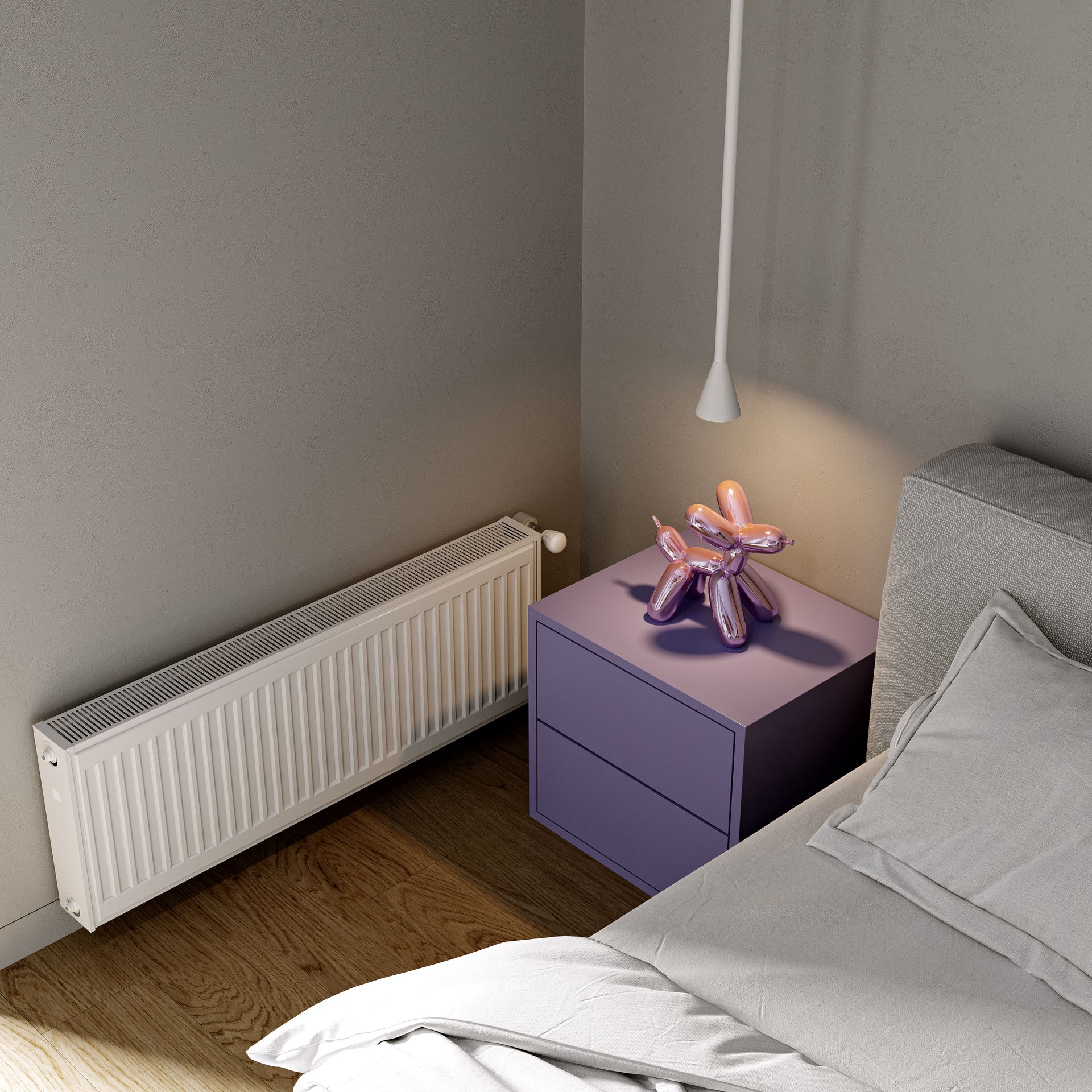 A bedroom with a bed a nightstand and a radiator