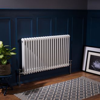 A white radiator is sitting in a living room next to a rug.