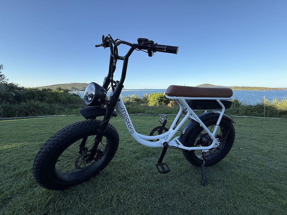 White Electric Bike With Brown Seat on Green Grass — E-Go-Try-Bikes in Nelson Bay, NSW
