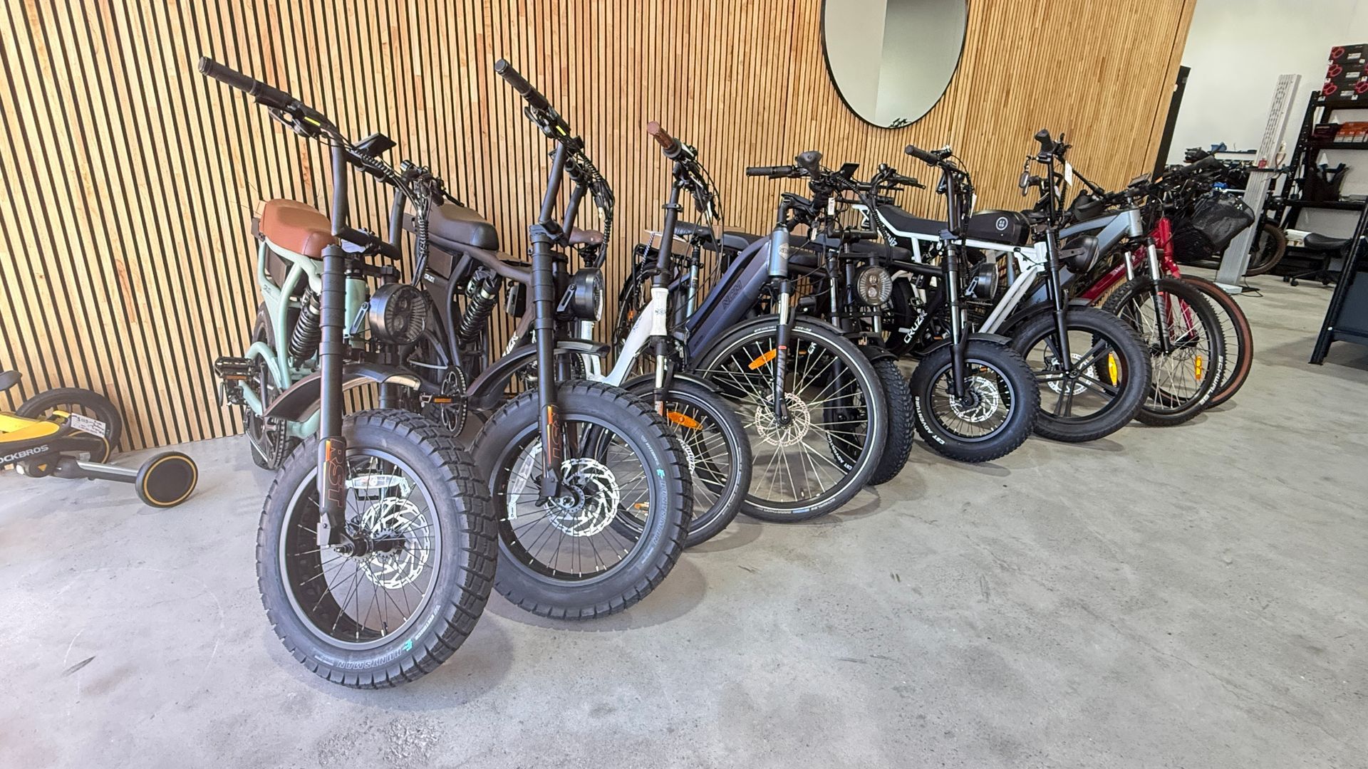 A Row of Electric Fat-Tire Bikes Parked Side-By-Side — E-Go-Try-Bikes in Nelson Bay, NSW