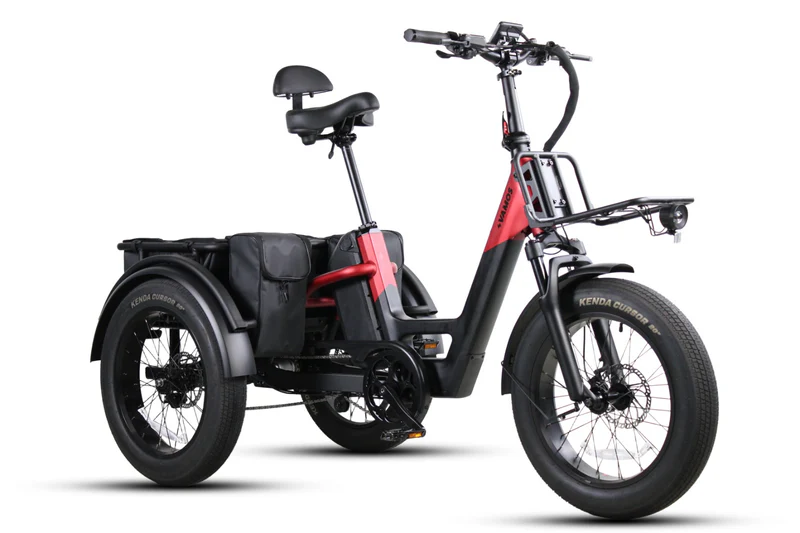 A red and black electric tricycle with fat tires, a front cargo rack, and a rear storage bag on a plain white background.