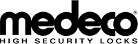 Le logo des serrures haute sécurité medeco est en noir et blanc.