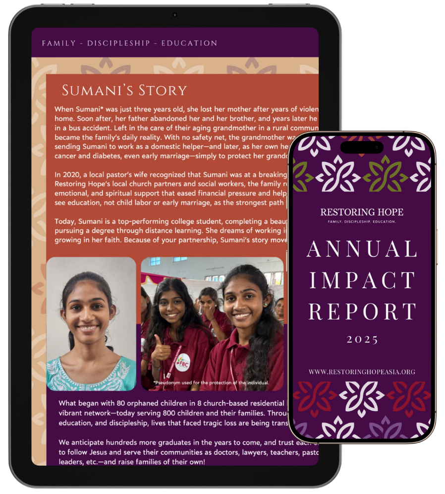 Restoring Hope's yearly Impact Report shows donors how partnership with our mission is transforming lives in South Asia.