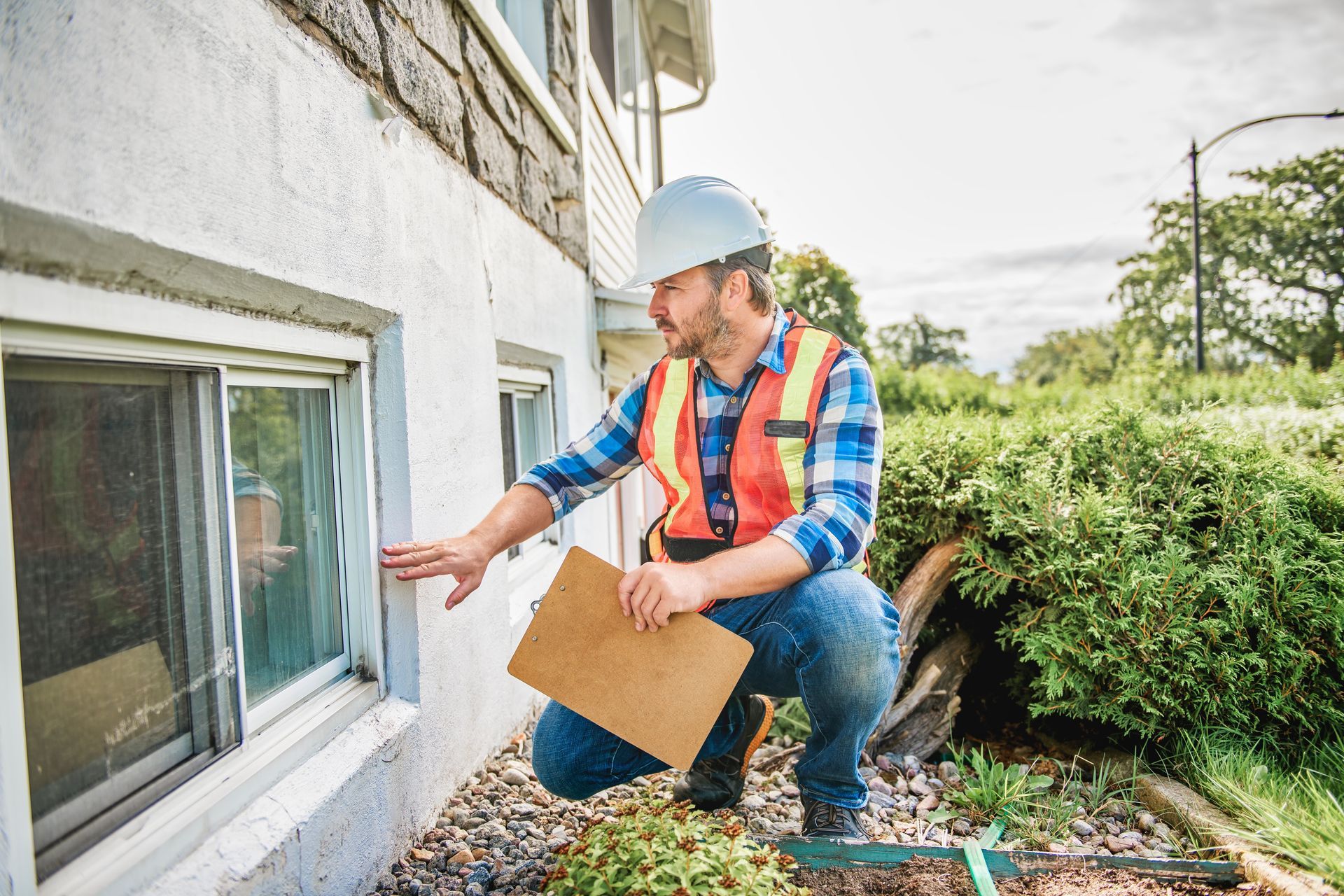 Worker in a hard hat kneels by a house window, inspecting the exterior with a clipboard.