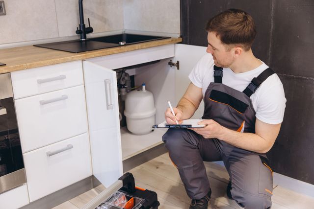 Plumber kneeling under a kitchen sink, inspecting pipes with a clipboard and pencil.