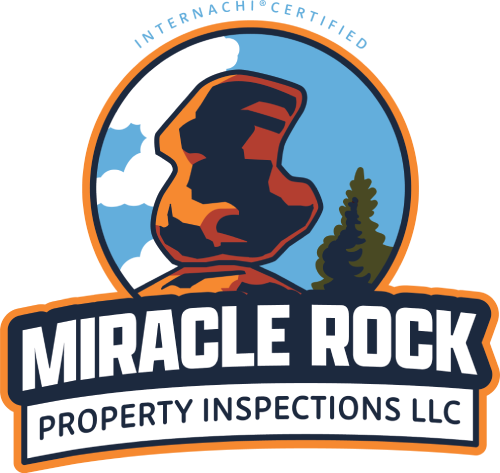 Miracle Rock Property Inspections LLC logo with red rock, blue sky, and pine tree