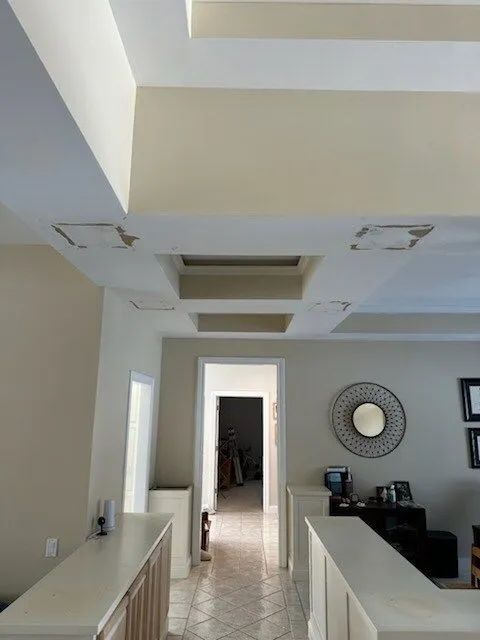 Interior hallway with white walls, ceiling recesses, and a dark doorway at the end