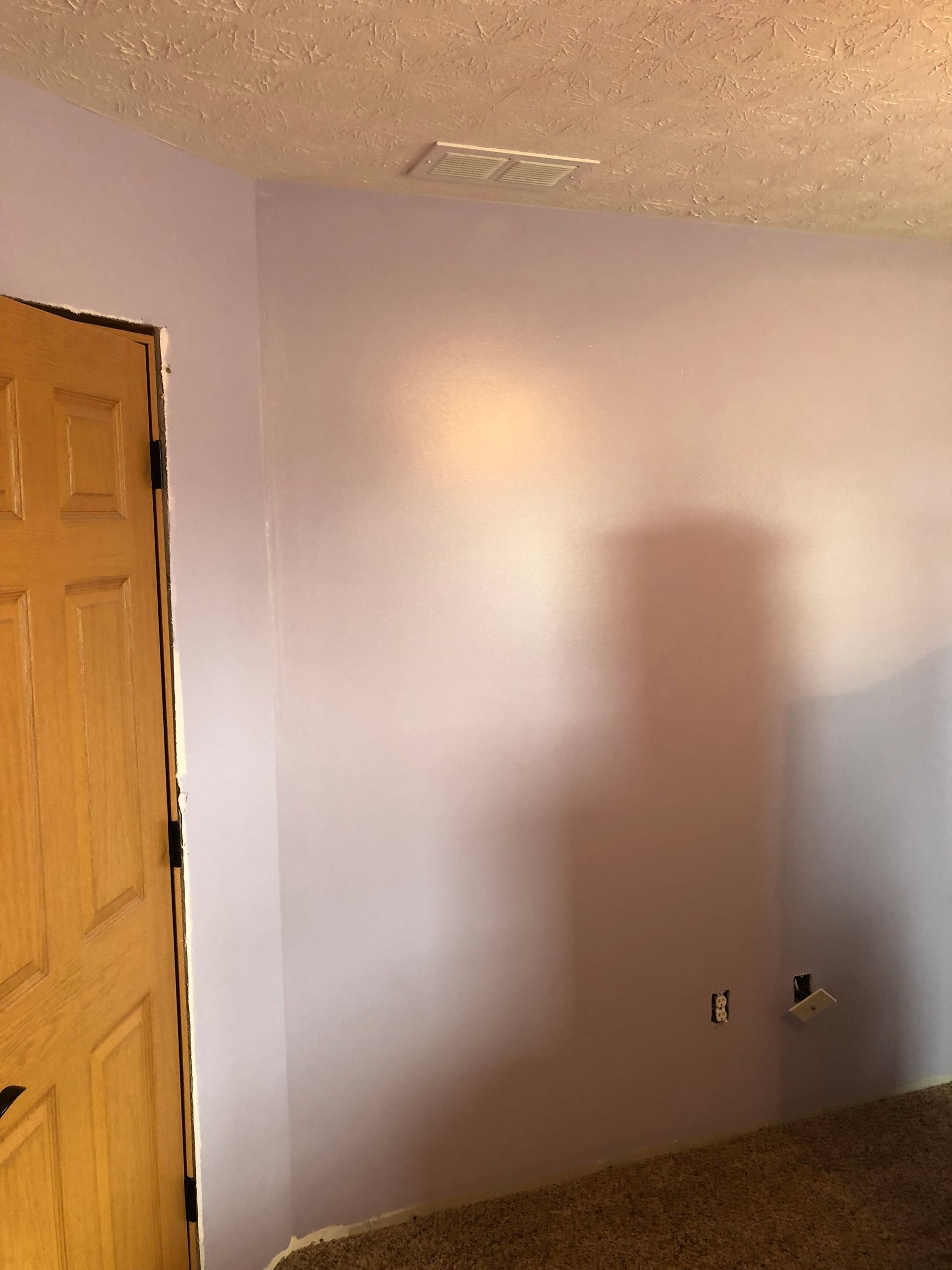Empty room with pale lavender walls, a wooden door on the left, and electrical outlets near the floor.