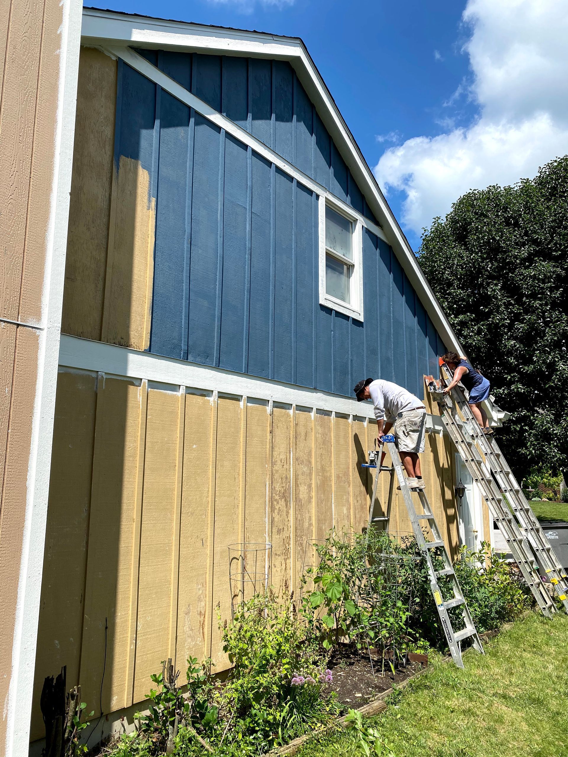 Workers on a ladder installing blue siding on a house exterior with exposed plywood below
