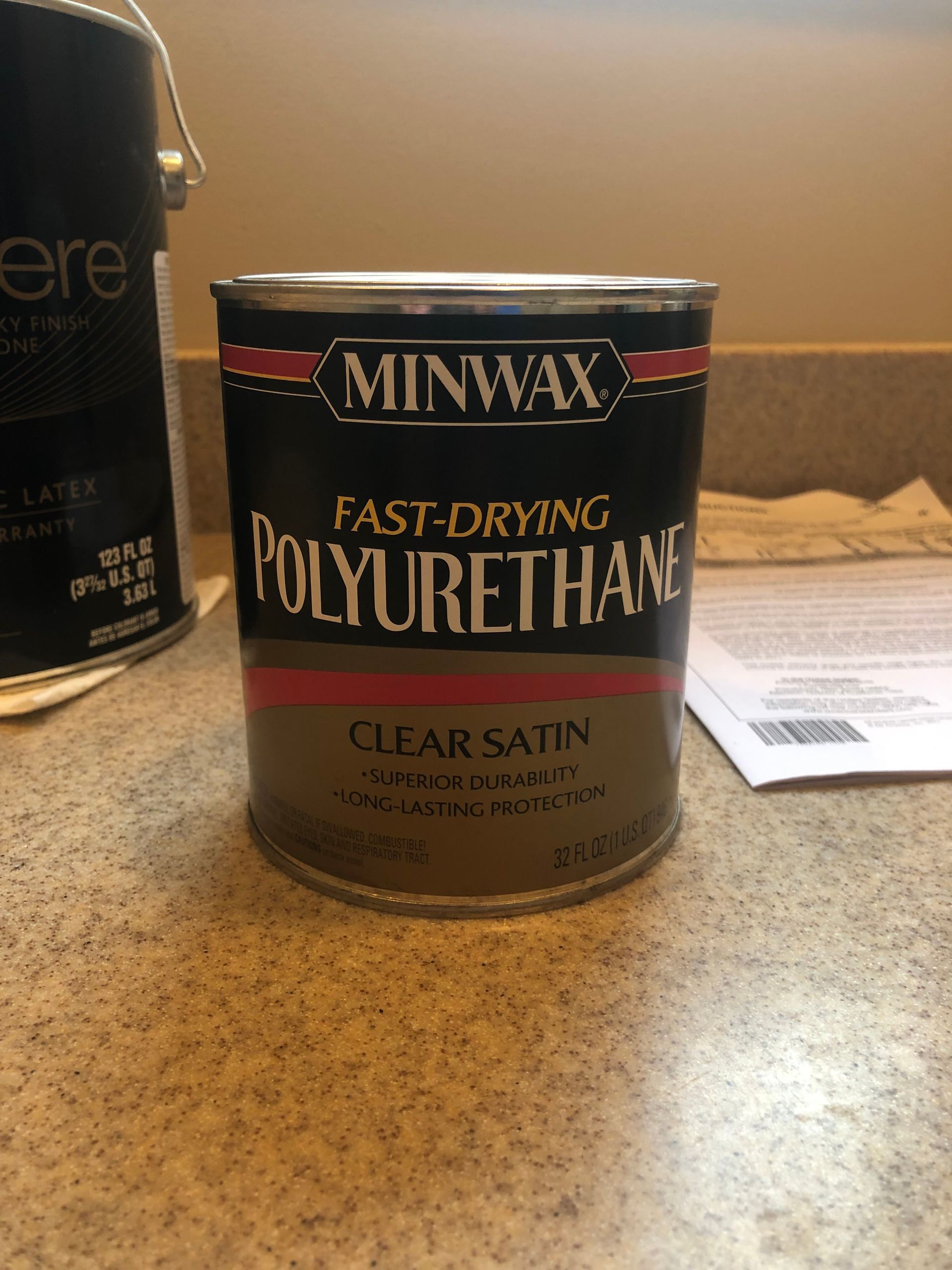 Minwax Fast-Drying Polyurethane clear satin can on a countertop