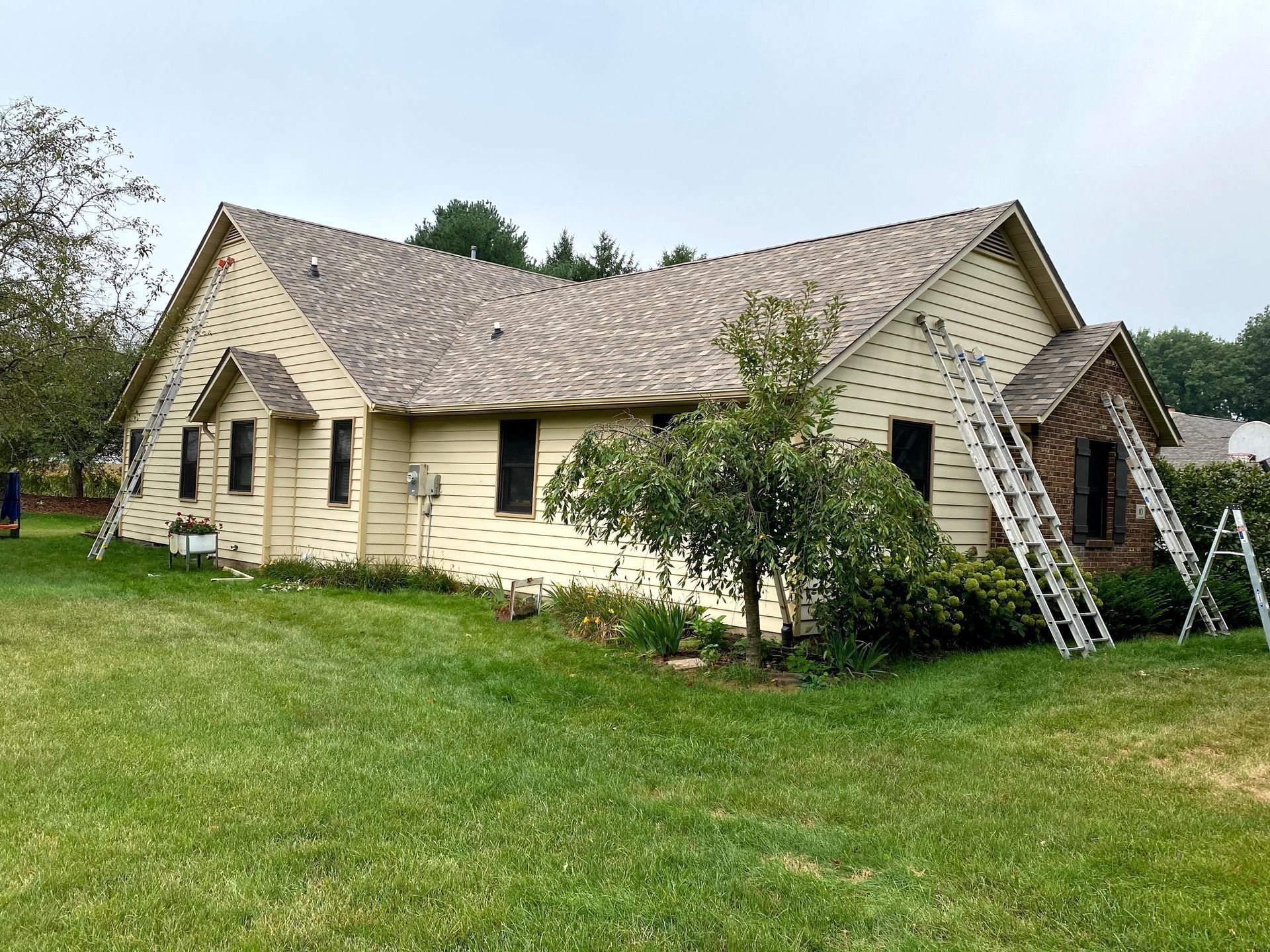Single-story beige house with a sloped roof and ladders leaning against it, on a grassy lawn.