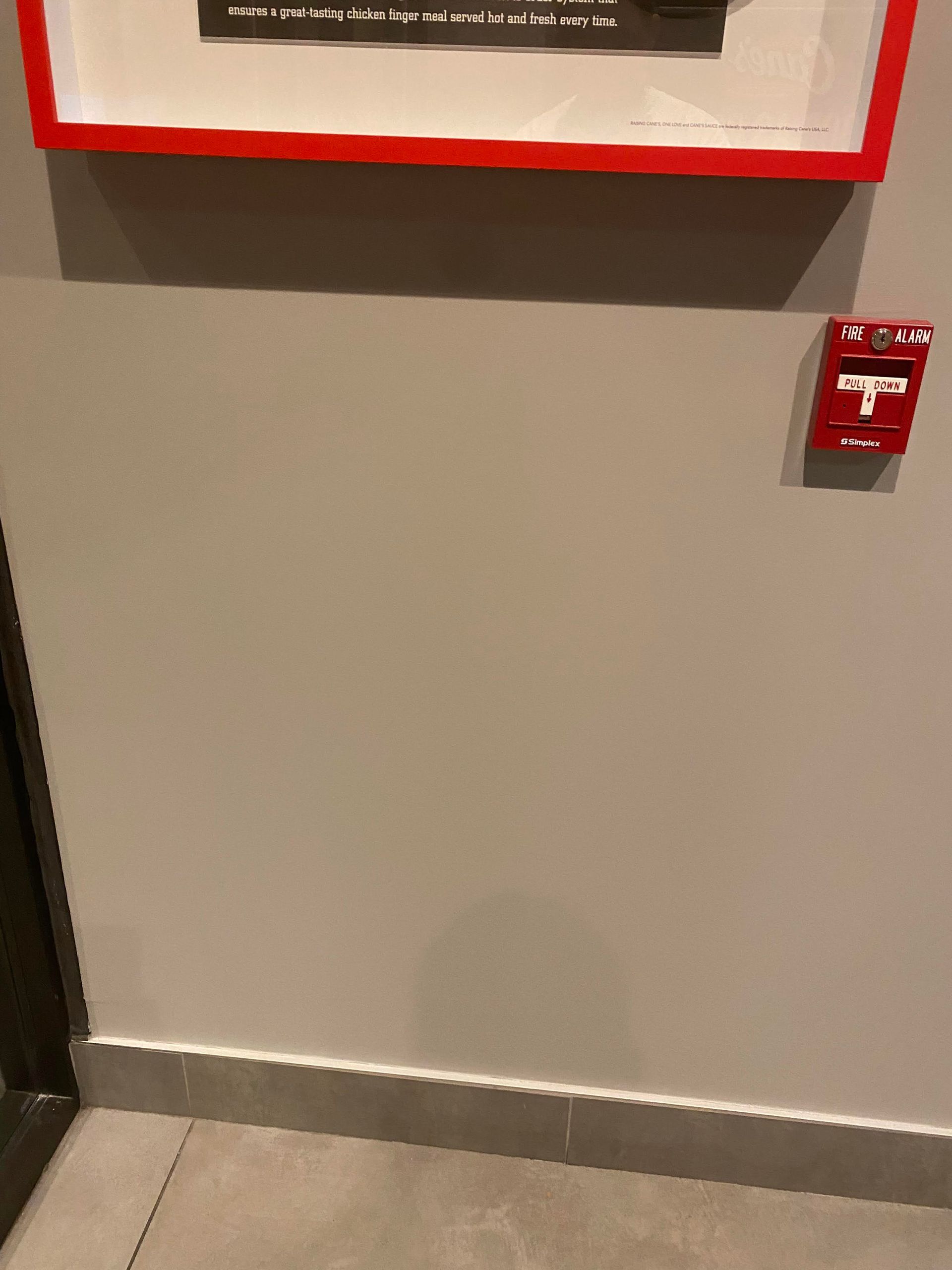 Hallway wall with a red fire alarm pull station beneath a framed sign.
