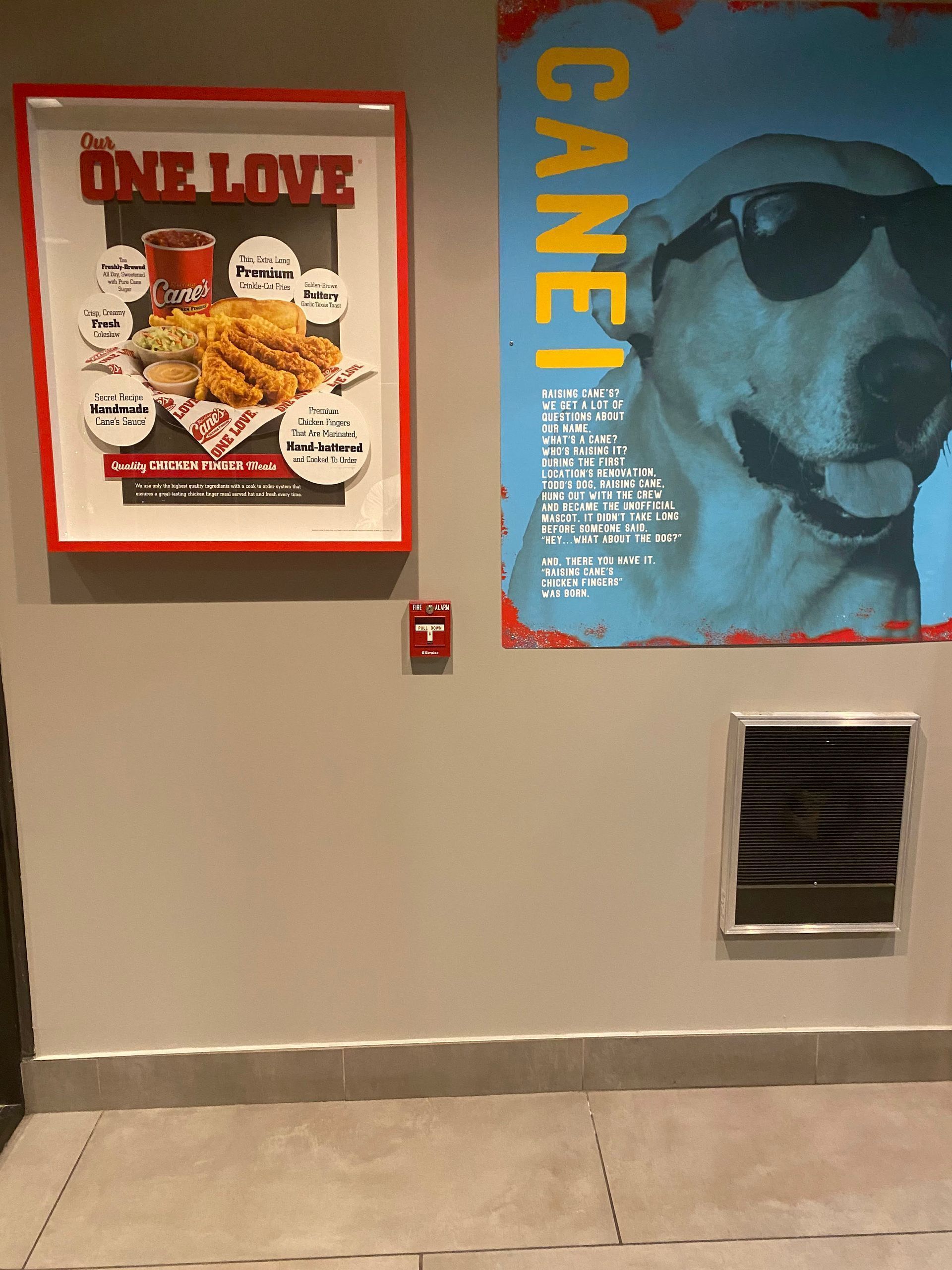 Wall with a framed poster and a blue CANNES poster above a vent in a hallway.