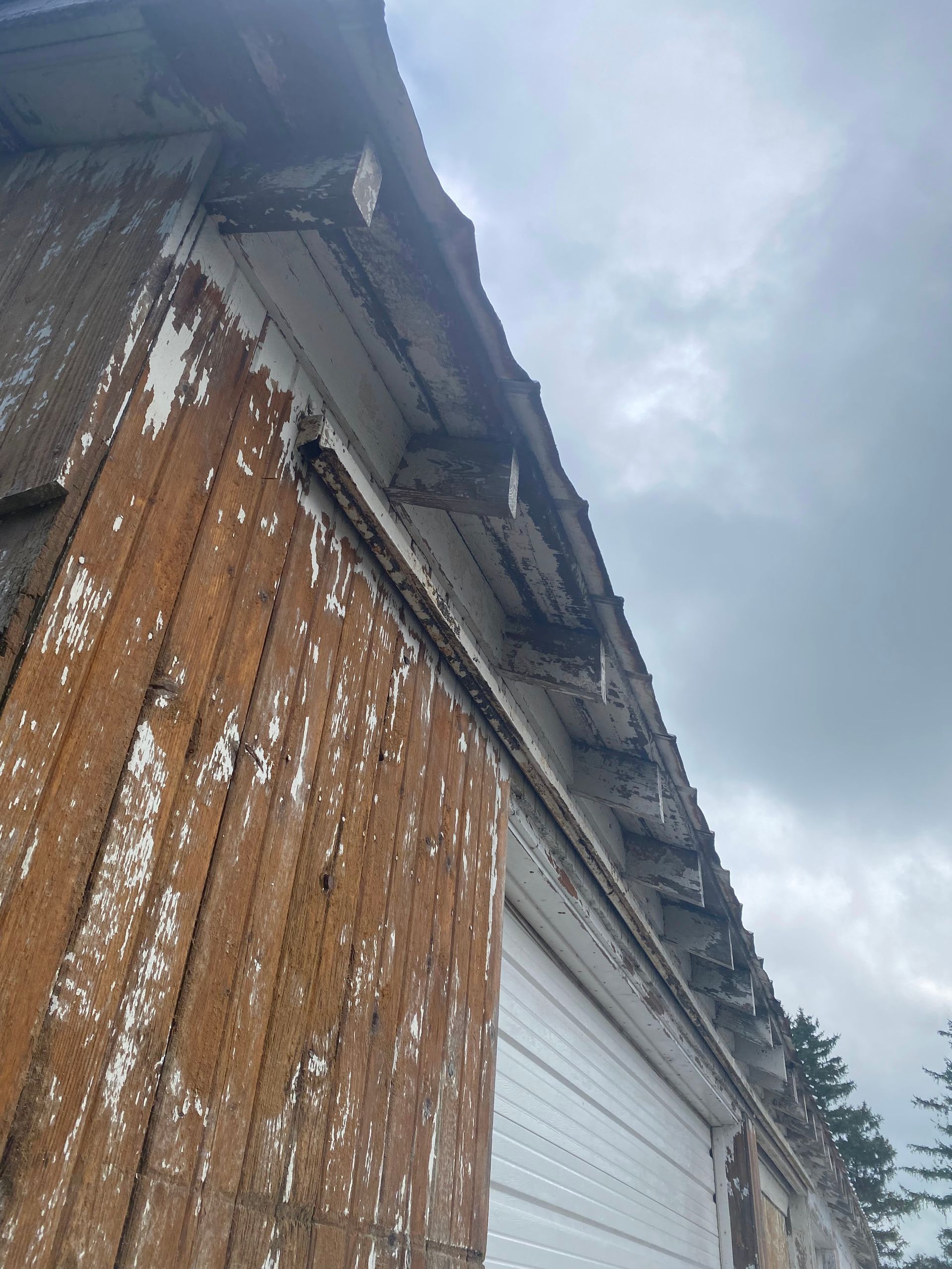 Weathered wooden building corner with white garage door under a cloudy sky