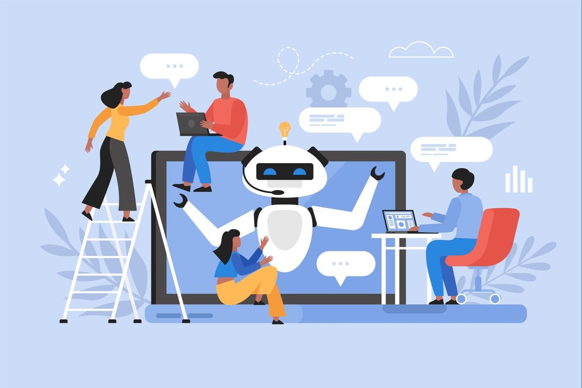 A group of people are working on a robot on a computer screen.