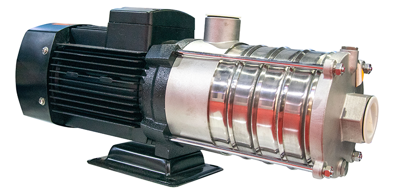 A stainless steel pump with a motor attached to it on a white background.