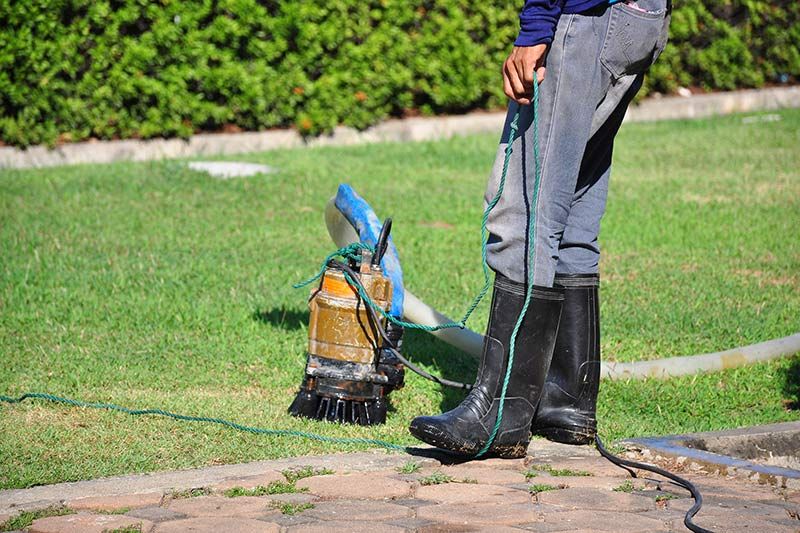A man is standing next to a lawn mower on a lush green lawn.