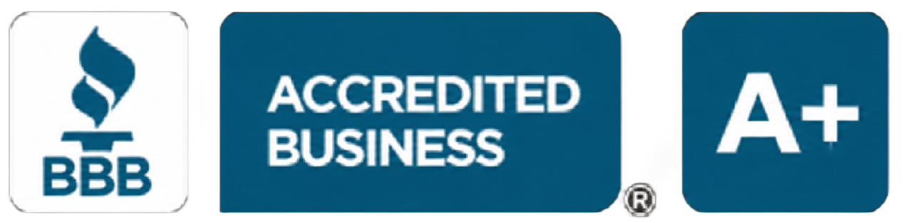 BBB accredited business logo with A+ rating in blue and white.