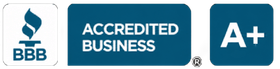 BBB accredited business logo with A+ rating in blue and white.
