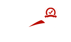 Red checkmark badge logo with a curved red swoosh on a white background