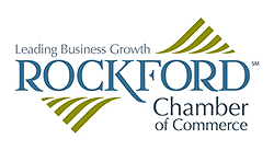 Rockford Chamber of Commerce logo with blue text and green stripes, “Leading Business Growth” slogan