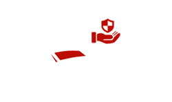 Red book with a red hand holding a shield icon above it on a white background