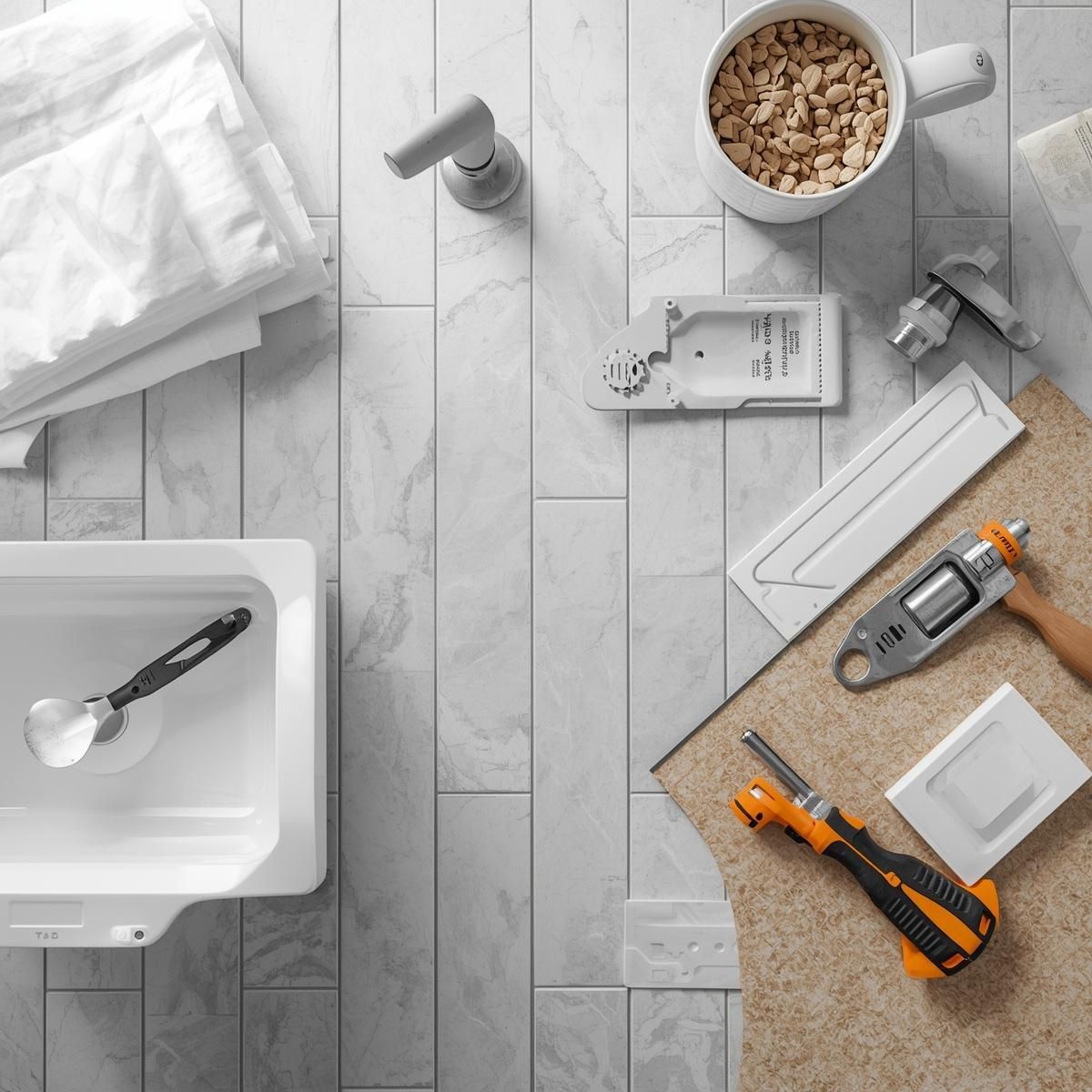 Overhead view of tools and materials for home repair arranged on marble tile.