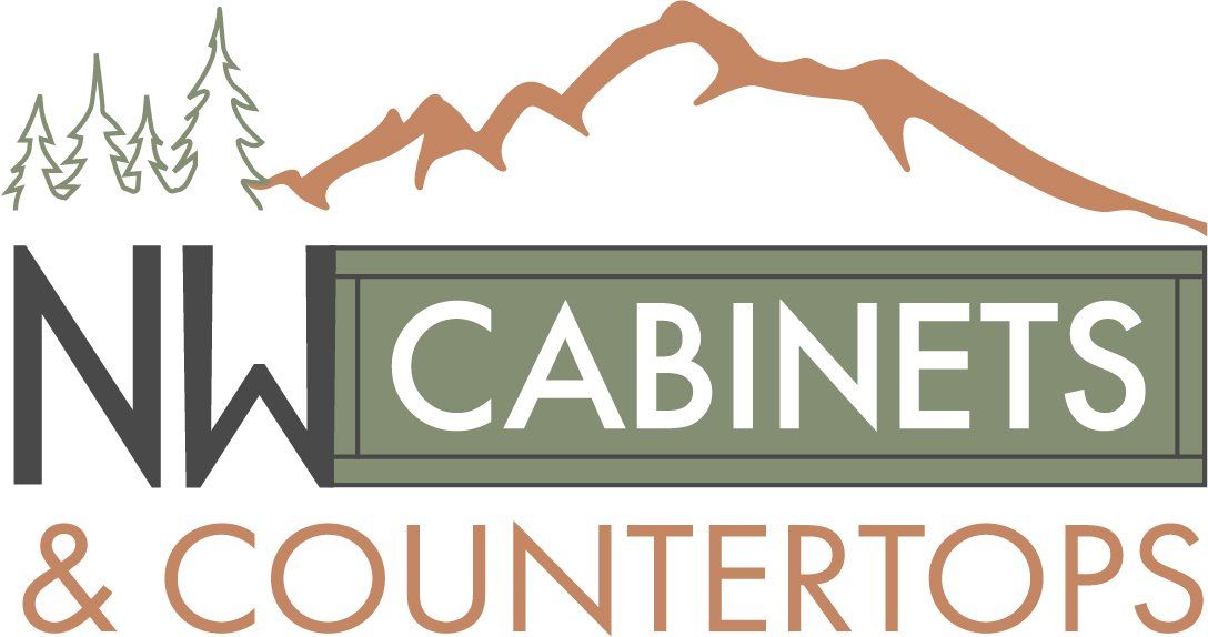 NW Cabinets & Countertops logo with pine trees, mountains, and tan and gray text