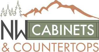 NW Cabinets & Countertops logo with pine trees, mountains, and tan and gray text