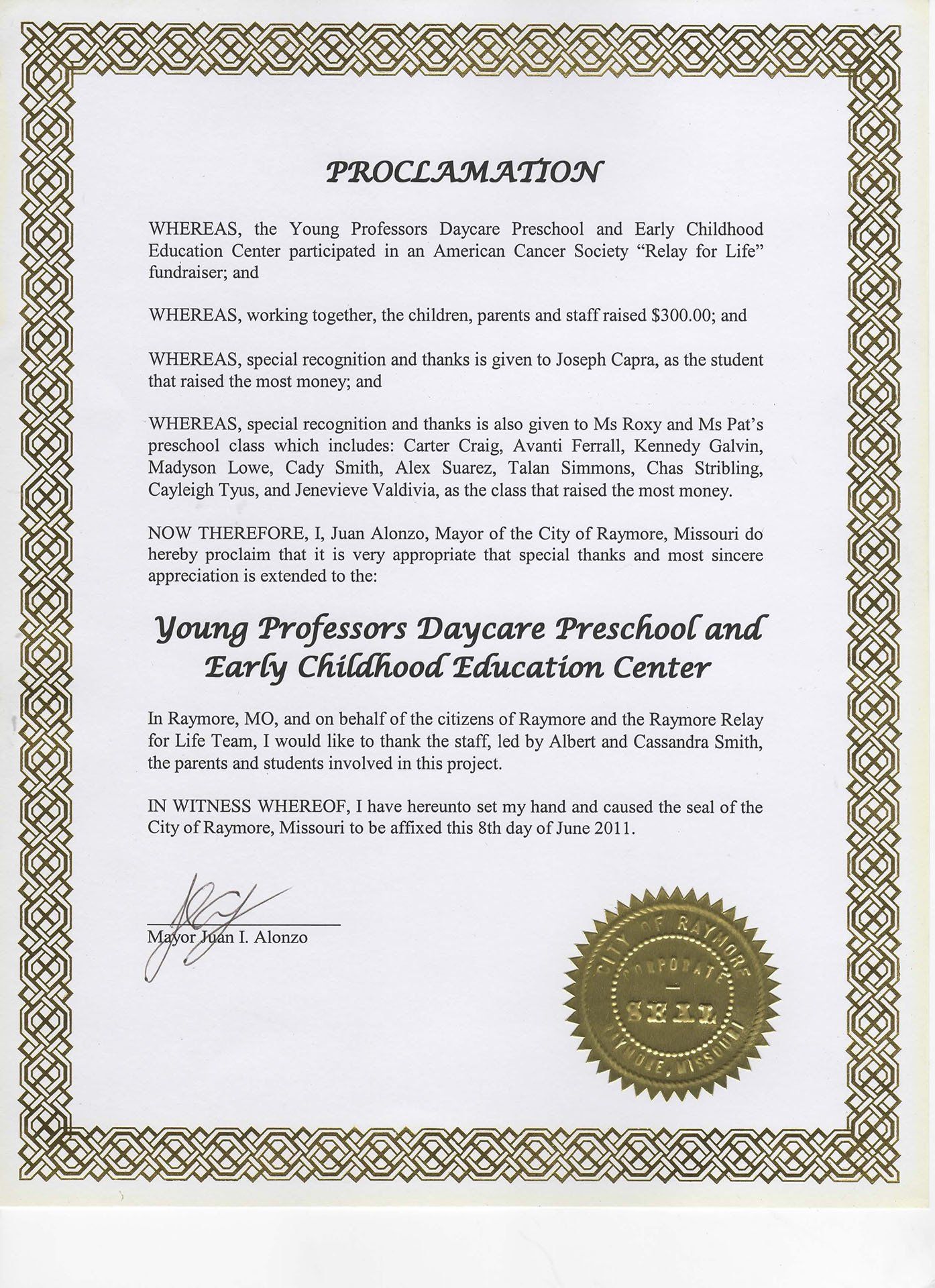 City of Raymore Proclamation — Raymore, MO — Young Professors Daycare, LLC