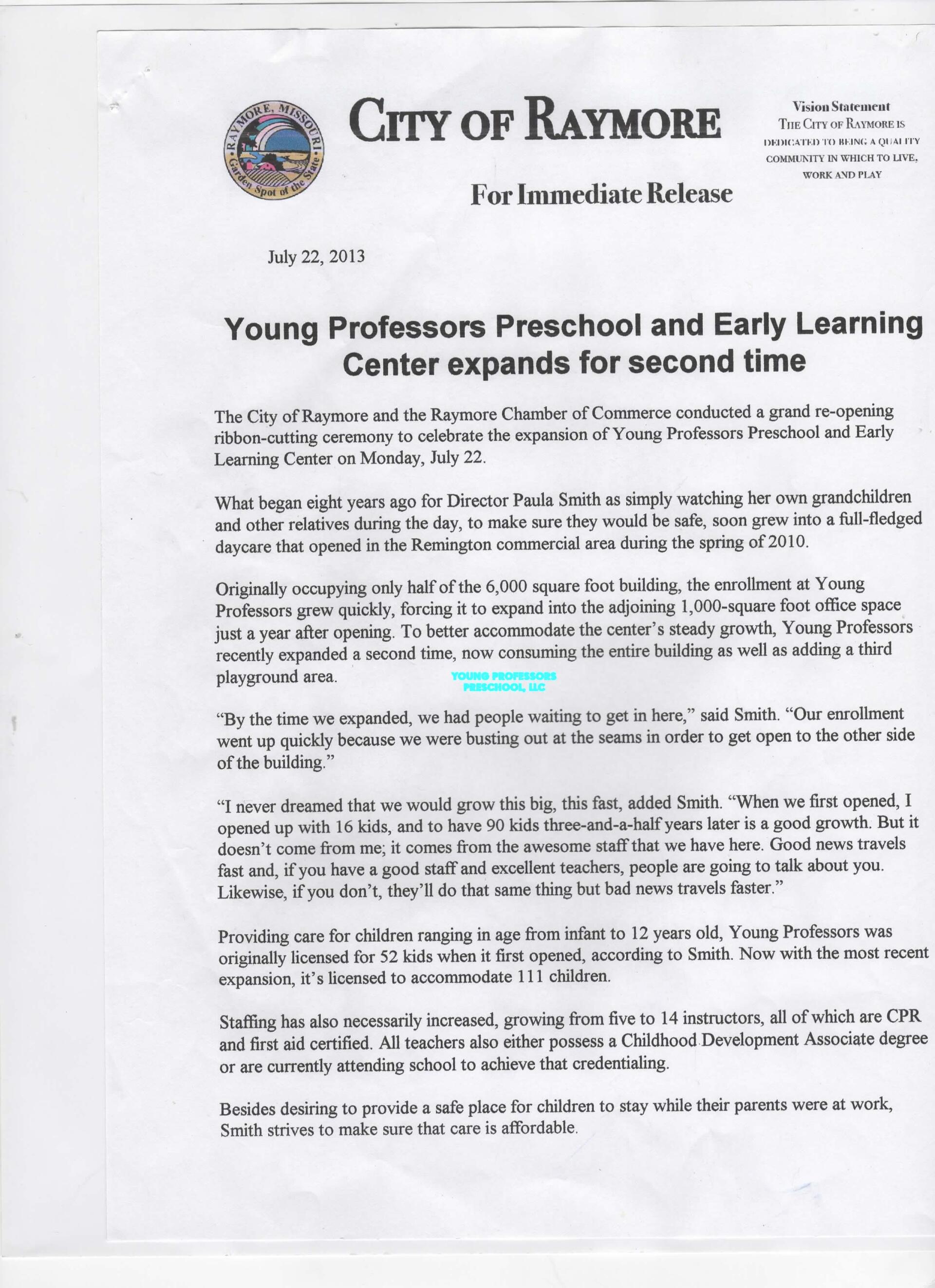 City of Raymore News Release — Raymore, MO — Young Professors Daycare, LLC