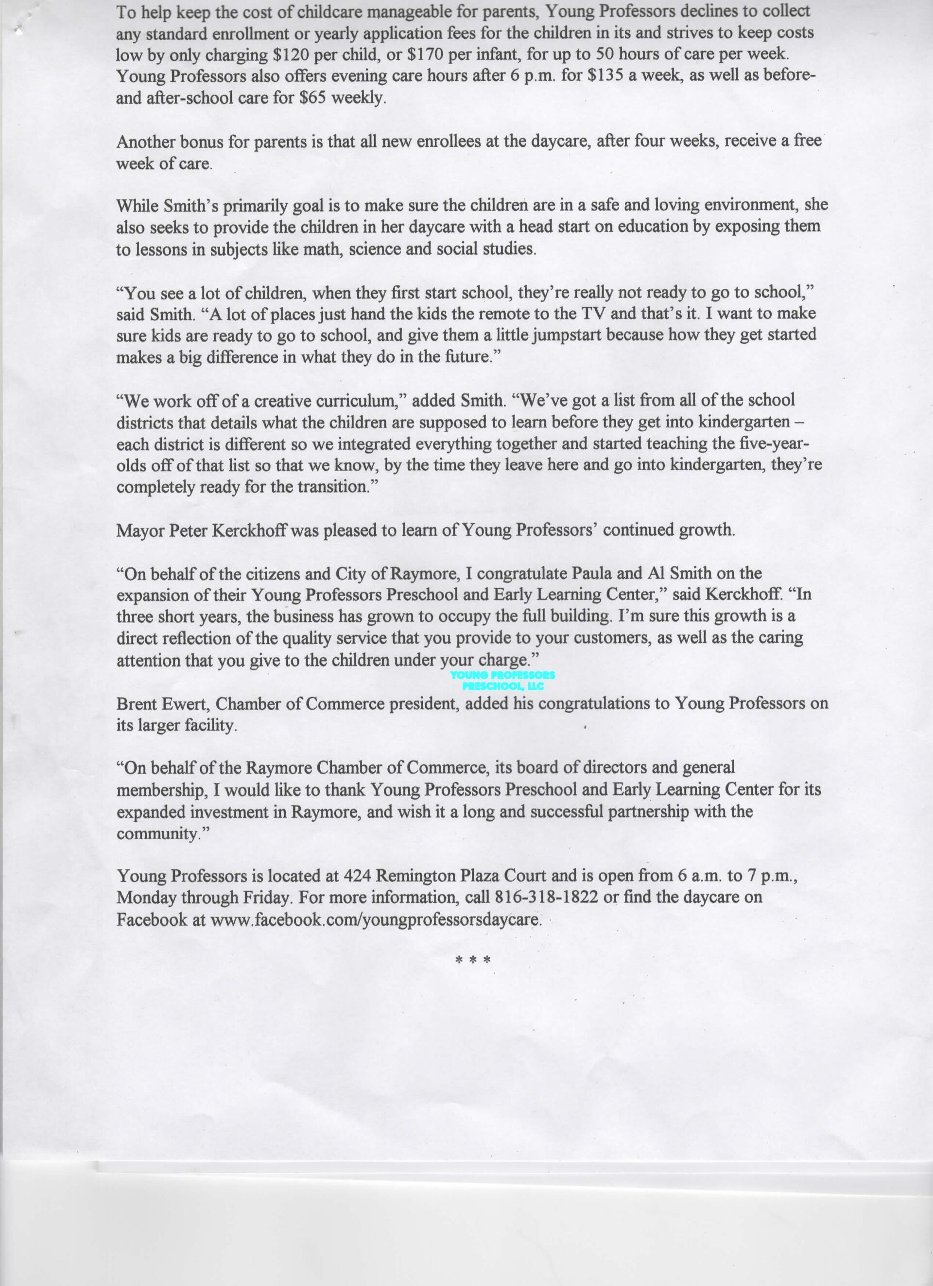 News Release — Raymore, MO — Young Professors Daycare, LLC