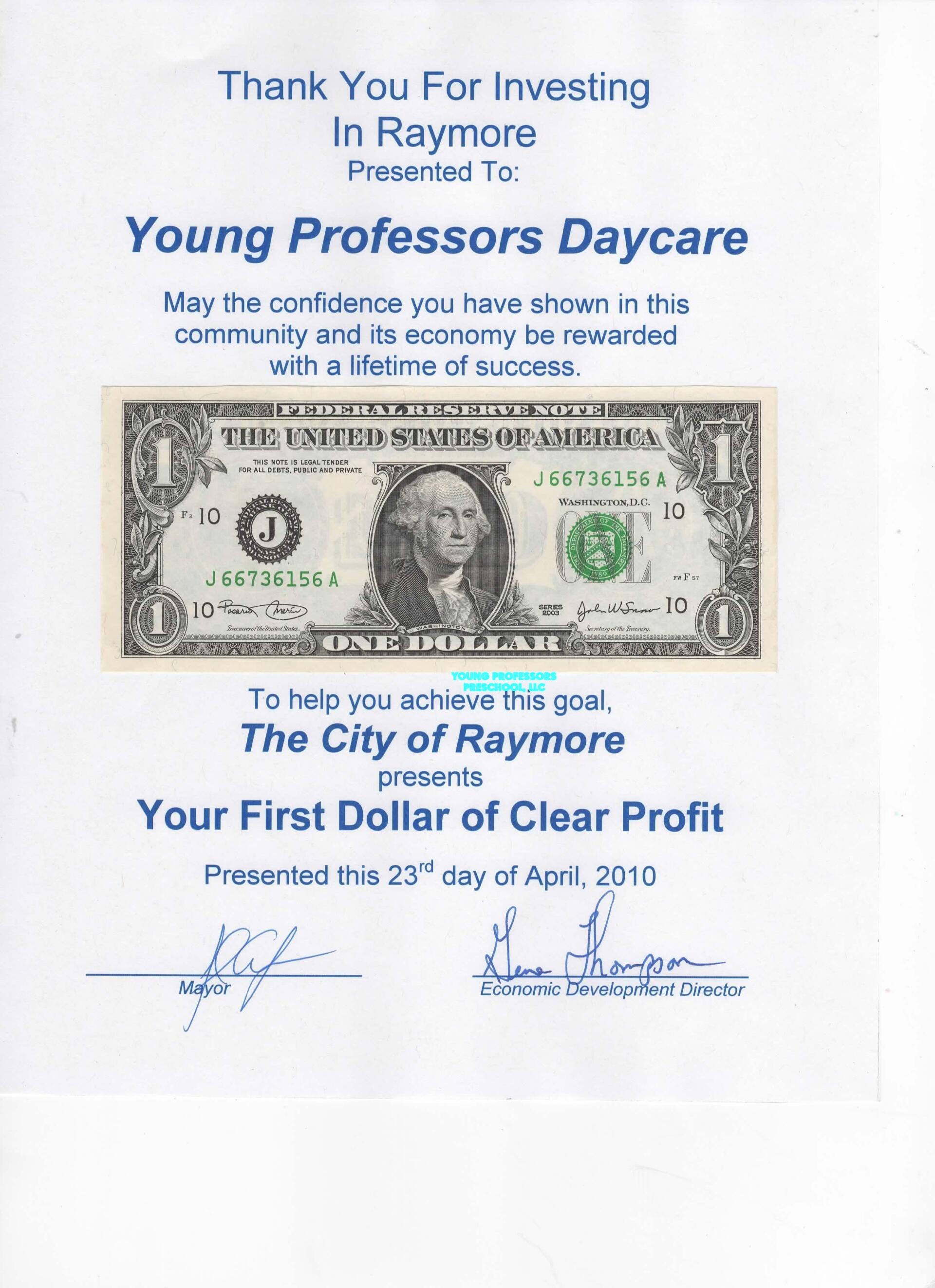 First Dollar of Clear Profit — Raymore, MO — Young Professors Daycare, LLC