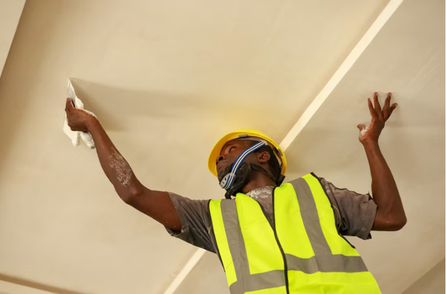 Worker in safety gear checking and smoothing a finished ceiling surface for a drywall contractor in Ahwatukee, AZ