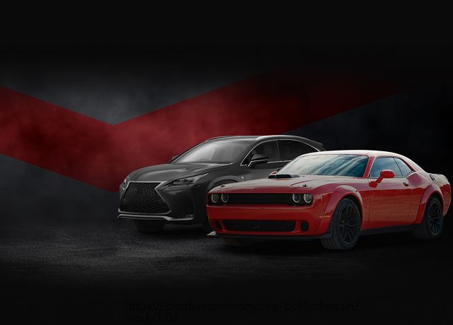 Two sports cars, one red and one black, on a dark smoky background with a red V-shaped light | RMP Auto