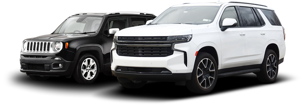 Two white SUVs, one front view and one side view, on a white background | RMP Auto