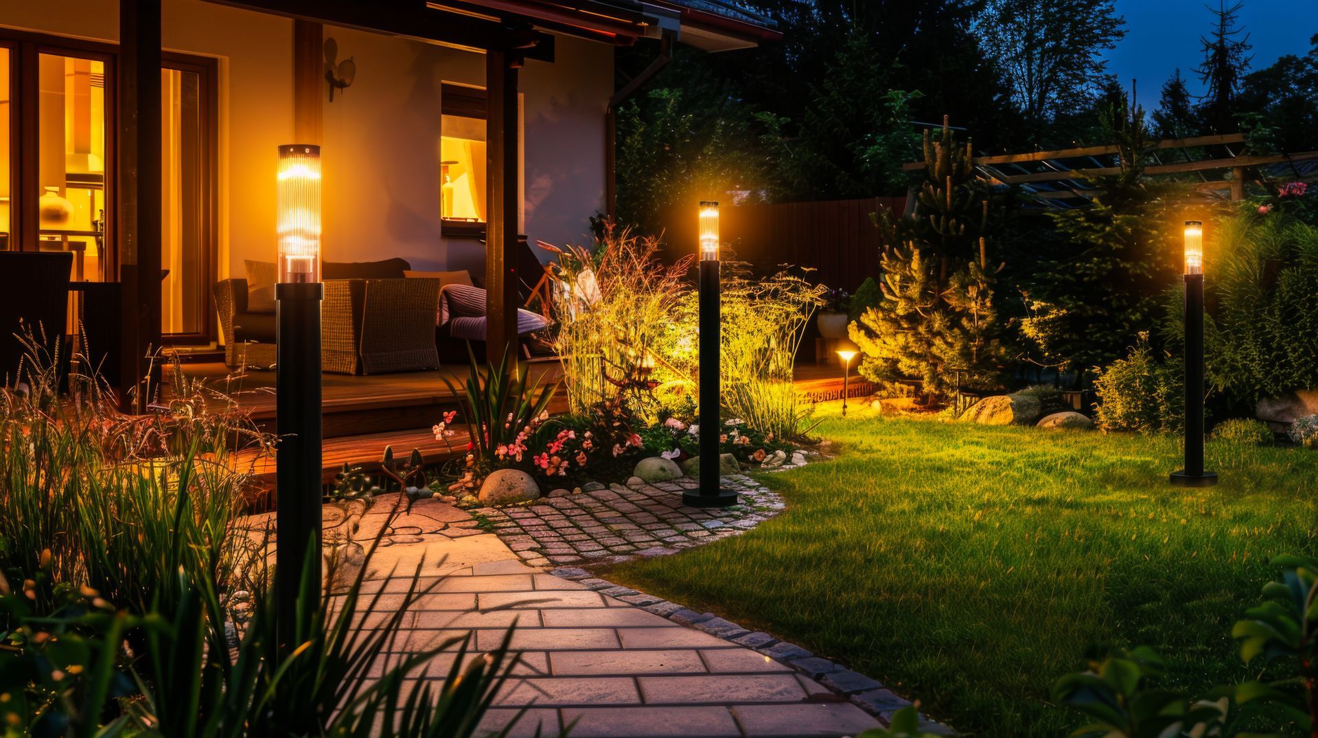Warmly lit backyard patio and garden path at dusk beside a modern home.